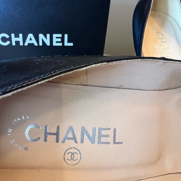 CHANEL CC Logo Black Genuine Leather Peep Toe Platform Cork Chain Pump Heels - Picture 7 of 11